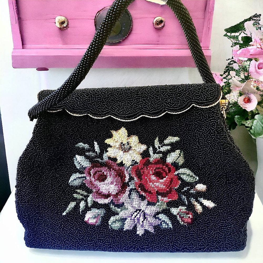 Vintage Handbag Floral Black Needlepoint & Hand Beaded Purse Hong Kong